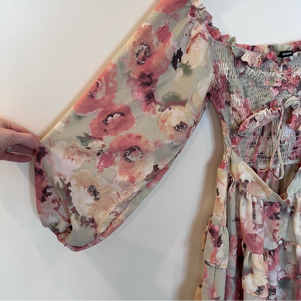 Windsor Golden Hour Floral Skater Dress Smocked Cut Out XS Ruffle Tiered - Picture 7 of 8